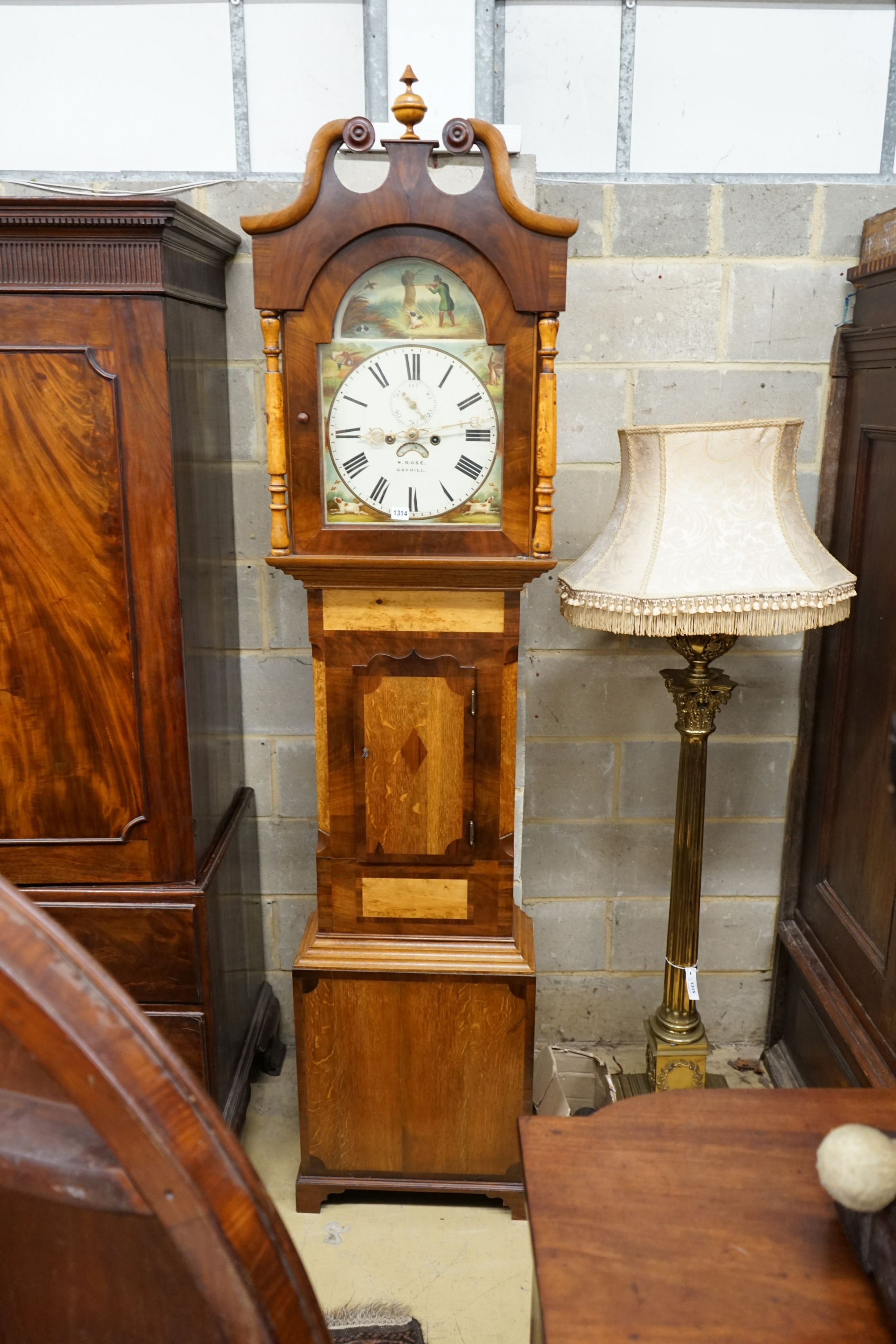 An early Victorian maple banded oak eight day longcase clock marked Rose, Coxhill, height 228cm